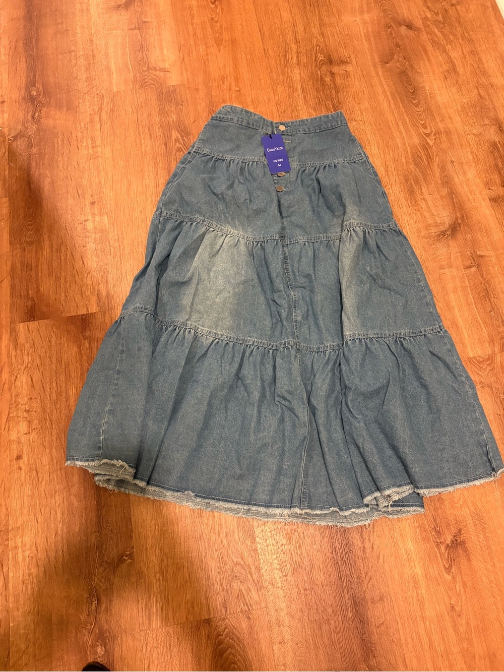 Denim Tiered Midi Skirt - Blue